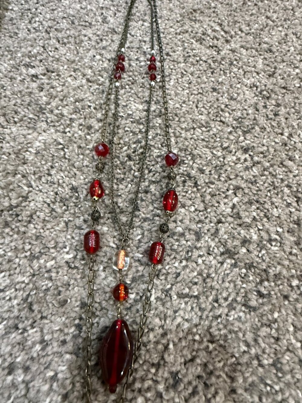 Vintage Lia Sophia Sangria Layered Strand Necklace Red Glass Beads Bronze Tone